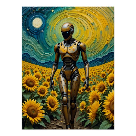 Celestial Sentience: Robot in Sunflower Fields Perfect Poster (Voorkant)