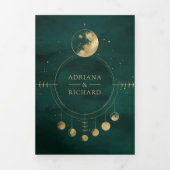 Celestial Smaragd Gouden Halve Maan Fase Bruiloft Drieluik Uitnodiging (Cover)