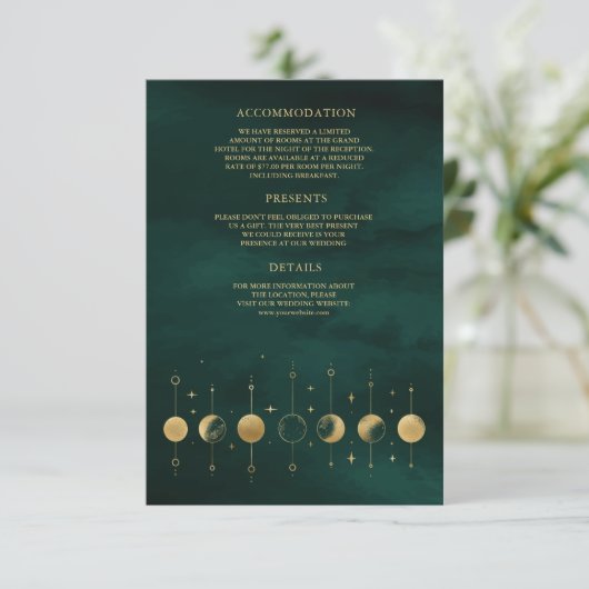 Celestial Smaragd Gouden Halve Maan Fase Bruiloft Informatiekaartje (Staand voorkant)