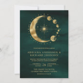Celestial Smaragd Gouden Halve Maan Fase Bruiloft Kaart (Voorkant)
