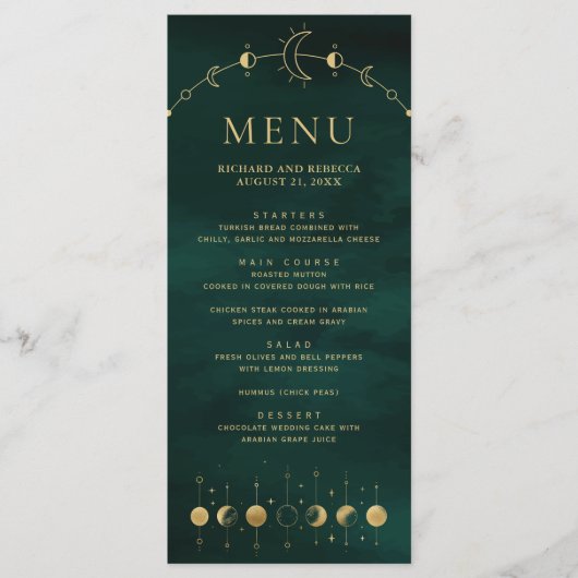 Celestial Smaragd Gouden Halve Maan Fase Bruiloft Menu (Voorkant)