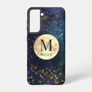 Celestial Space Gold Stars & Moon Monogram Samsung Galaxy Hoesje
