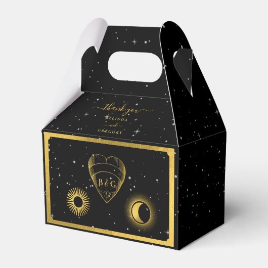 Celestial Stars Crescent Moon Zwart Goud Bruiloft Bedankdoosjes (Voorkant Zijde)