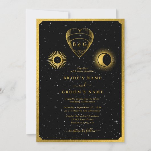 Celestial Stars Crescent Moon Zwart Goud Bruiloft Kaart (Voorkant)