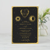Celestial Stars Crescent Moon Zwart Goud Bruiloft Kaart (Staand voorkant)