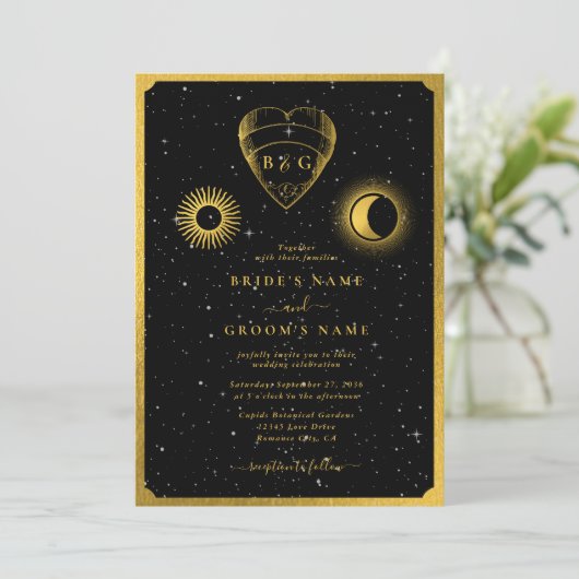Celestial Stars Crescent Moon Zwart Goud Bruiloft Kaart (Staand voorkant)