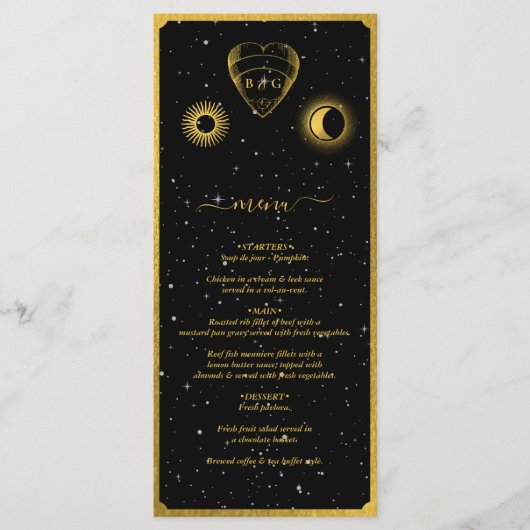 Celestial Stars Crescent Moon Zwart Goud Bruiloft Menu (Voorkant)