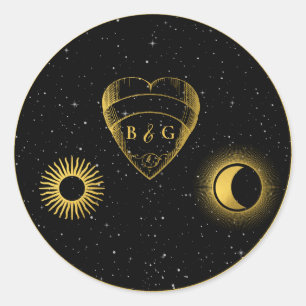 Celestial Stars Crescent Moon Zwart Goud Bruiloft Ronde Sticker
