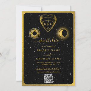 Celestial Stars Crescent Moon Zwart Goud Bruiloft Save The Date
