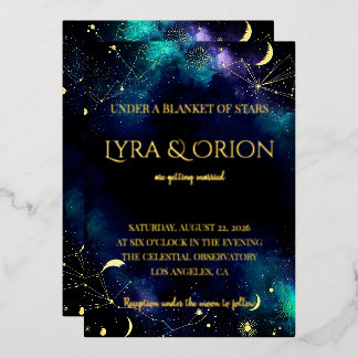Celestial Stars | Navy Teal Gold Galaxy | Wedding Folie Uitnodiging