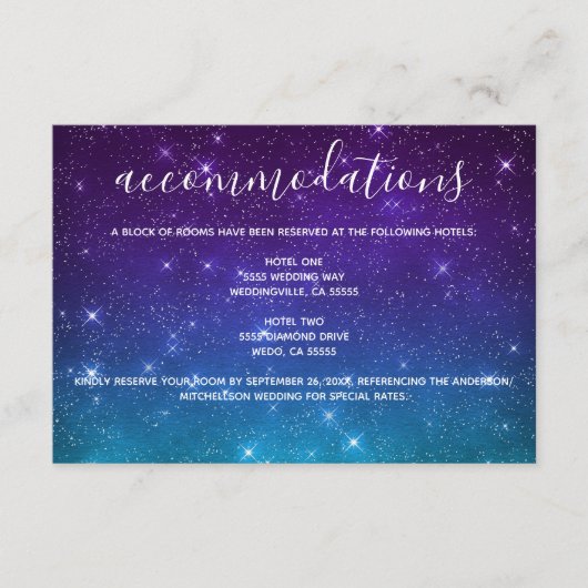 Celestial Stars Script Wedding Accommodations Informatiekaartje (Voorkant)
