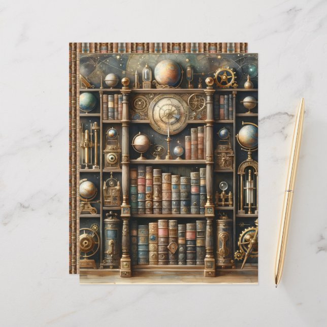 Celestial Steampunk Library Scrapbook Paper (Voorkant / Achterkant in situ)