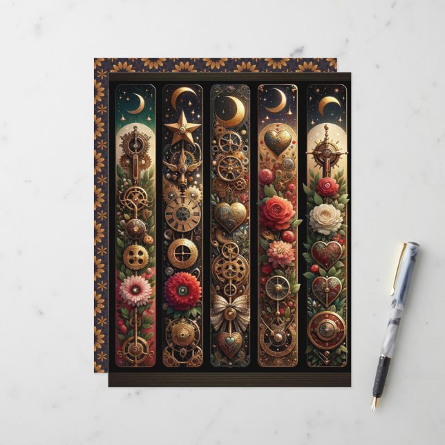 Celestial Steampunk Valentijnse  Scrapbook Papier (Voorkant / Achterkant in situ)