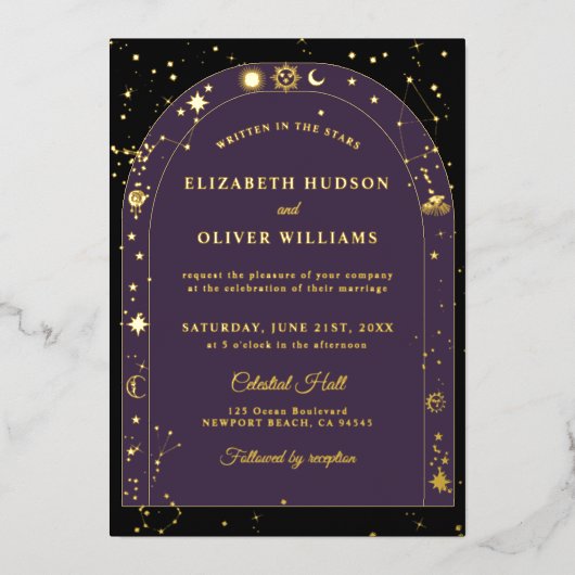 Celestial Sterren Maan Goud Boho Arch Bruiloft Folie Uitnodiging (Voorkant)