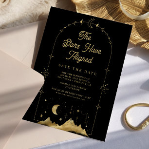 Celestial sterren zwart gouden halve maan bruiloft save the date