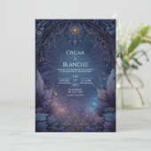 Celestial Sun and Dark Navy Foliage Wedding Kaart (Staand voorkant)