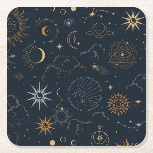 Celestial Sun and Moon Mystical Elements Vierkante Kartonnen Onderzetter (Voorkant)