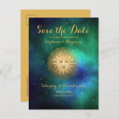 Celestial Sun Blauwgroen Gold Glitter Save the Dat Aankondigingskaart (Voorkant / Achterkant)
