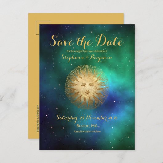 Celestial Sun Blauwgroen Gold Glitter Save the Dat Aankondigingskaart (Voorkant / Achterkant)