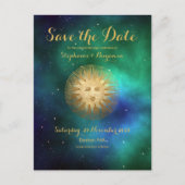 Celestial Sun Blauwgroen Gold Glitter Save the Dat Aankondigingskaart (Voorkant)