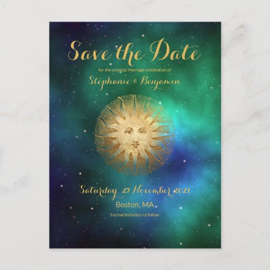 Celestial Sun Blauwgroen Gold Glitter Save the Dat Aankondigingskaart (Voorkant)