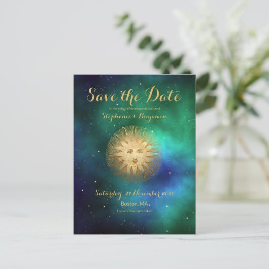 Celestial Sun Blauwgroen Gold Glitter Save the Dat Aankondigingskaart (Staand voorkant)