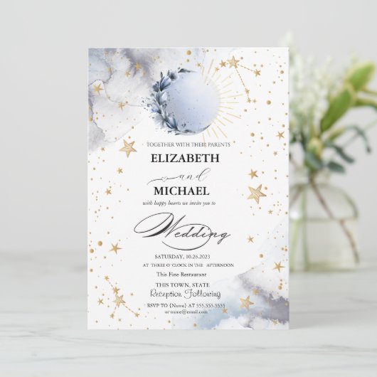 Celestial Sun, Blue Moon Rozen Sterren Script Kaart (Staand voorkant)