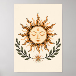 Celestial Sun Face Botanical Mystical Art Poster