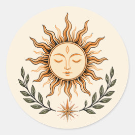 Celestial Sun Face Botanical Mystical Art Ronde Sticker