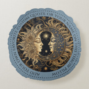 Celestial Sun Moon Custom Quote Blauw Rond Kussen