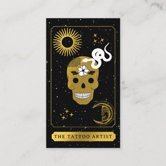 Celestial Tarot Logo Tattoo Artist Black Gold  Visitekaartje (Voorkant)