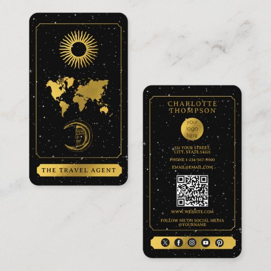 Celestial Tarot Logo Travel Agent Black Gold Visitekaartje (Voorkant / Achterkant)