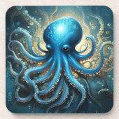 Celestial Waves: De Blauwe Octopus Fractal Art Bier Onderzetter (Voorkant)