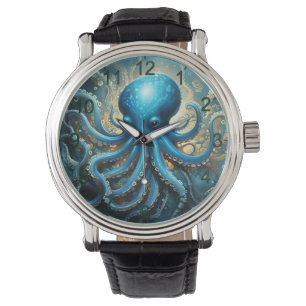 Celestial Waves: De Blauwe Octopus Fractal Art Horloge