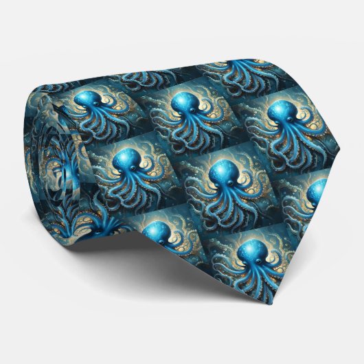 Celestial Waves: De Blauwe Octopus Fractal Art Stropdas (Opgerold)
