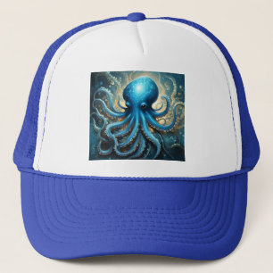 Celestial Waves: De Blauwe Octopus Fractal Art Trucker Pet