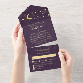 Celestial Wedding Deep Paarse Moon en Stars All In One Uitnodiging