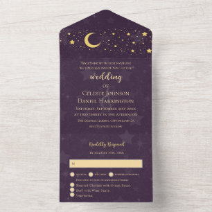 Celestial Wedding Deep Paarse Moon en Stars All In One Uitnodiging