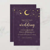 Celestial Wedding Deep Paarse Stars Moon Save The Date (Voorkant / Achterkant)