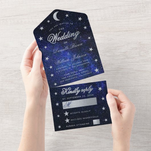 Celestial Wedding Elegant Blue Silver Stars Moon All In One Uitnodiging (Afscheurbaar)