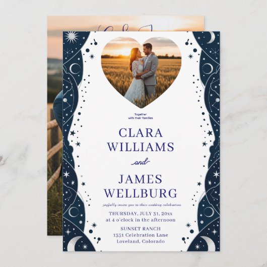 Celestial Wedding Nodig Sjabloon uit - Deep Blue & Kaart (Voorkant / Achterkant)