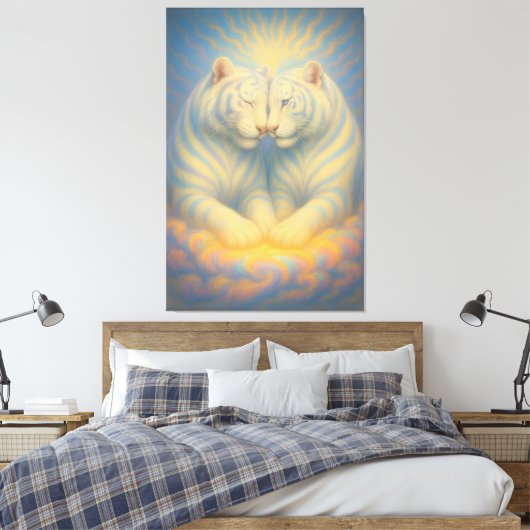 Celestial White Tiger Lovers – Divine Sky Aura Art Canvas Afdruk (Insitu (Slaapkamer))