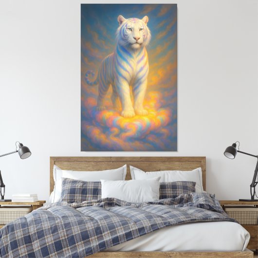 Celestial White Tiger – Rainbow Aura Divine Fantas Canvas Afdruk (Insitu (Slaapkamer))