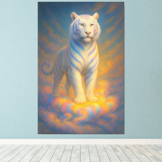Celestial White Tiger – Rainbow Aura Divine Fantas Canvas Afdruk (Insitu (Houten vloer))
