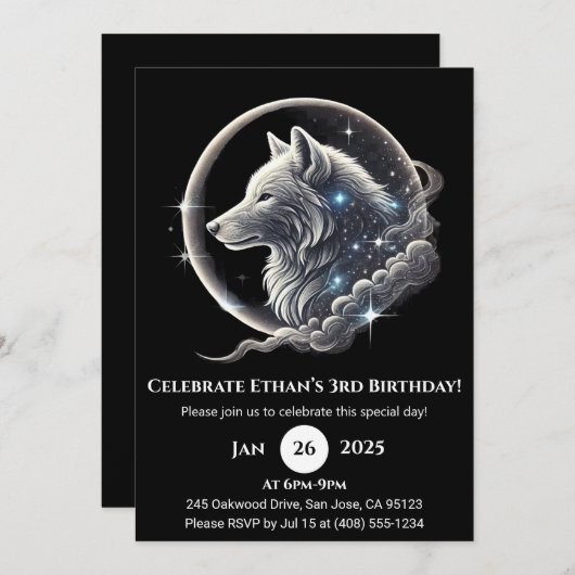 Celestial White Wolf Moon Birthday Invitation (Devant / Derrière)