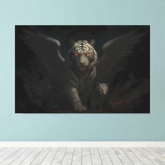 Celestial Winged White Tiger & Cub | ManJiangHong Canvas Afdruk (Insitu (Houten vloer))