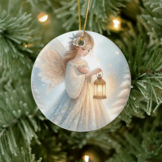 Celestial Winter Angel Lantern of Comfort Keramisch Ornament (Boom)