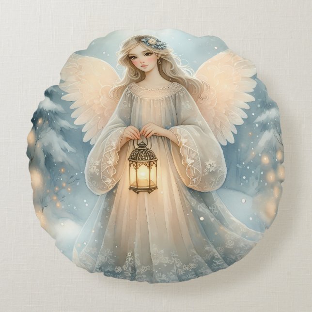 Celestial Winter Angel Lantern of Grace Rond Kussen (Voorkant)