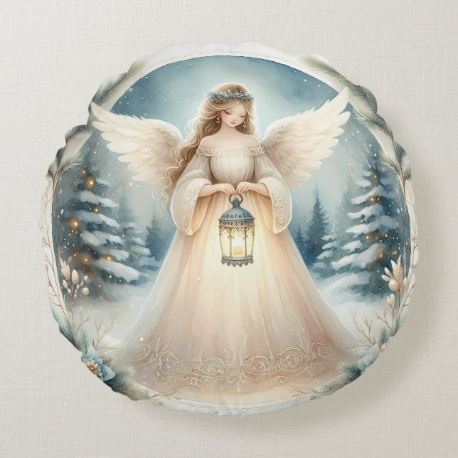 Celestial Winter Angel Lantern of Hope Rond Kussen (Voorkant)