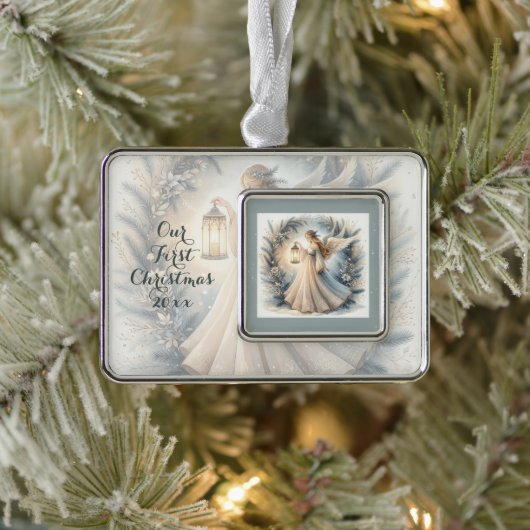 Celestial Winter Angel Lantern of Peace Verzilverd Kader Ornament (Boom)